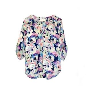 Yumi Kim Colorful Abstract Floral Printed Partial Button Up 3/4 Sleeve Blouse